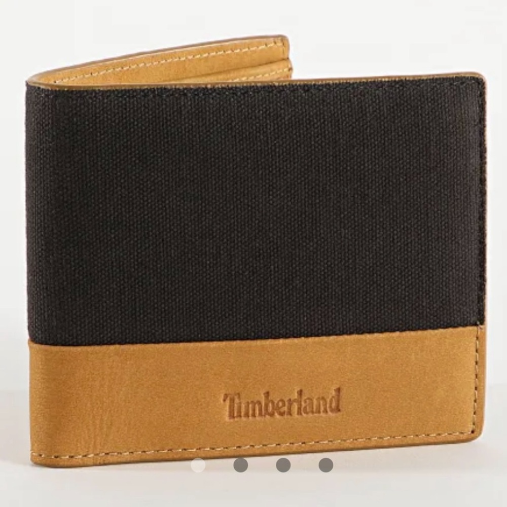 Timberland Men’s Wallet 84835 w/ AirTag Slot + Key Fob Canvas Leather Black